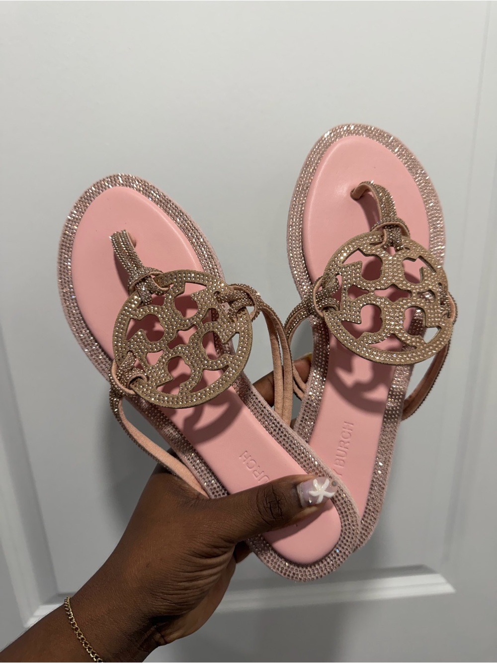 Tory Burch Pink Leather Logo Sandals with Sparkling Trim